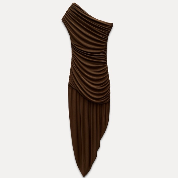 ZARA Chocolate Brown One Shoulder Ruched Dress Draped Asymmetric Midi Sexy BNWT - Picture 5 of 9